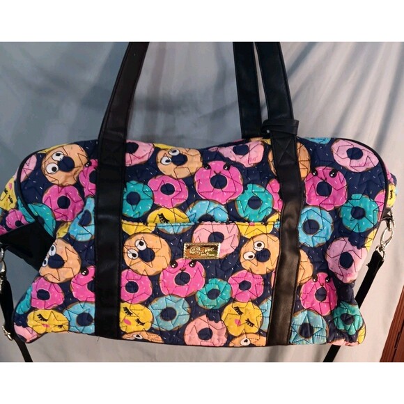 BETSEY JOHNSON Lg Colorful Smiley Face Donuts Weekender Tote Bag Luv Betsey READ - Picture 1 of 12